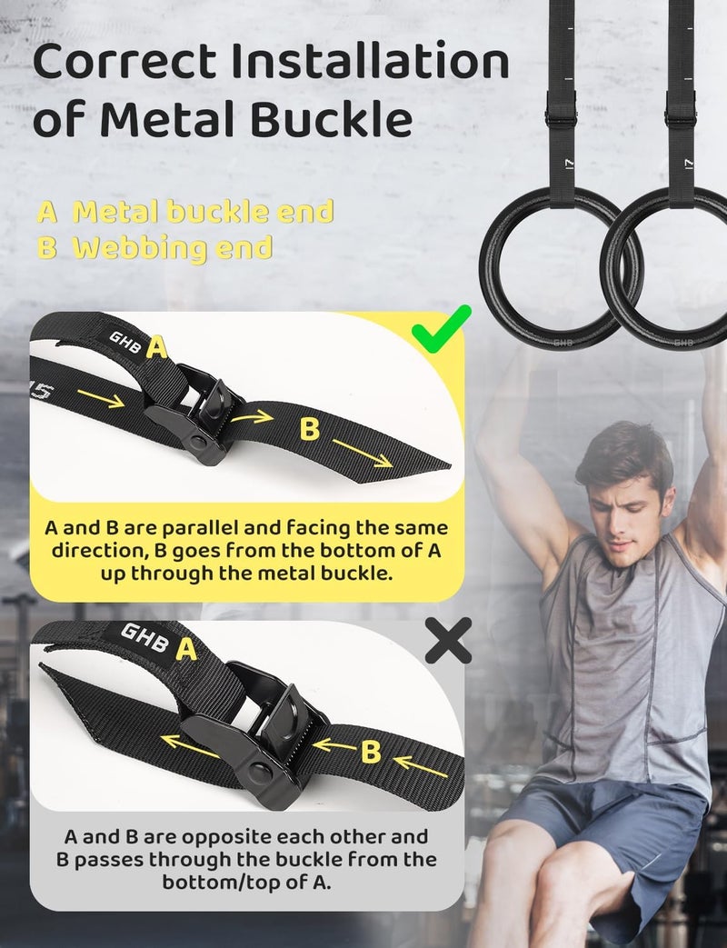 GHB Gymnastic Rings Gym Rings 1.1" Olympic Rings Adjustable Straps Pull Up Rings Sets for Workout Bodyweight Fitness Training - Image 3